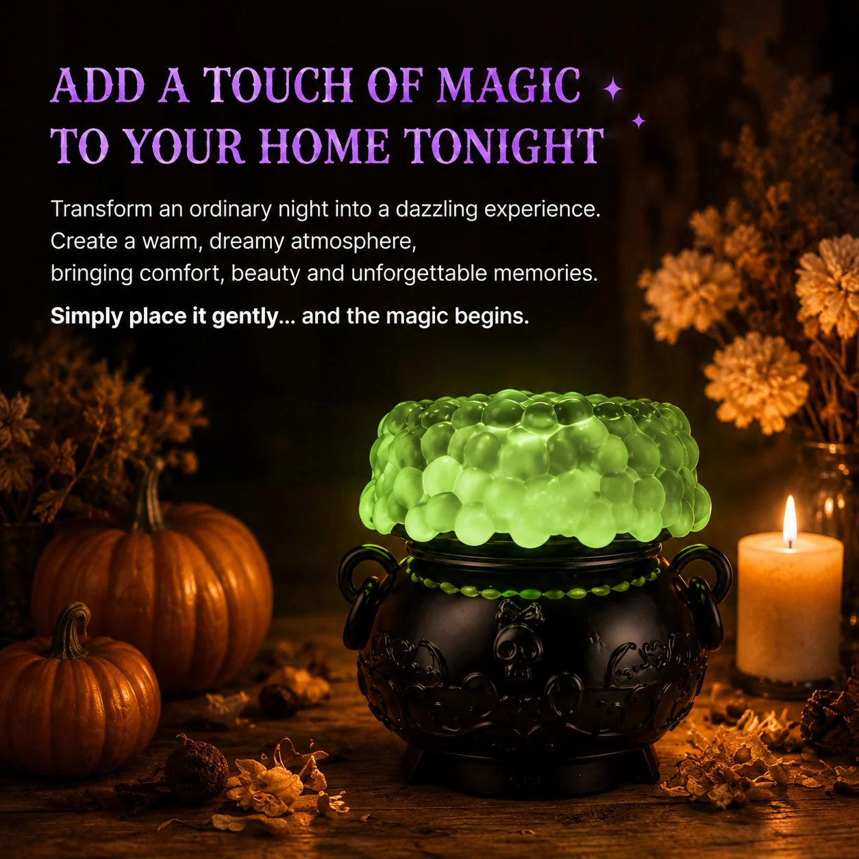 Color-Shifting Cauldron Water Globe with Three-Candle Base