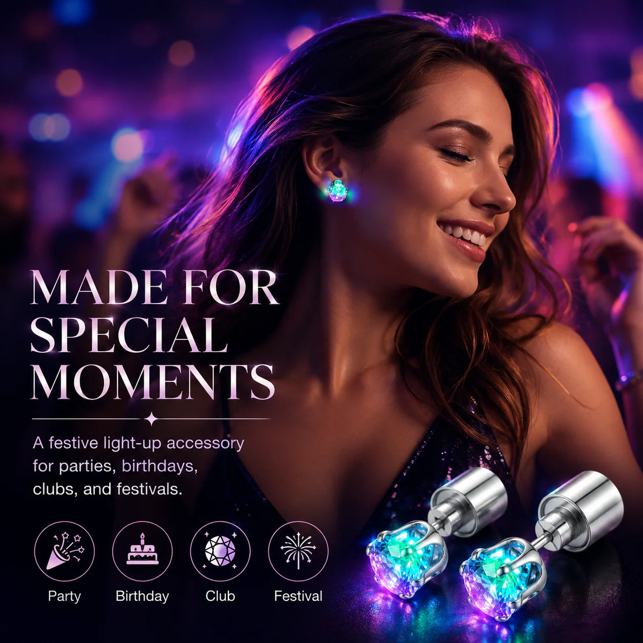 Decorative LED Light Up Crystal Stud Earrings – Colorful Glow, Unisex
