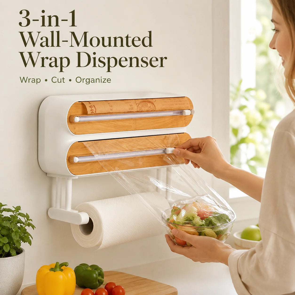 Magnetic Plastic Wrap Dispenser with Built-In Sliding Cutter