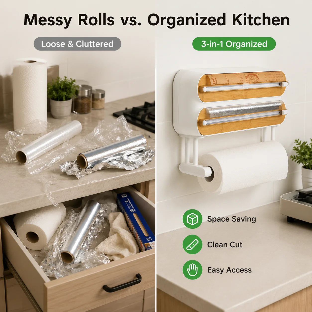 Magnetic Plastic Wrap Dispenser with Built-In Sliding Cutter