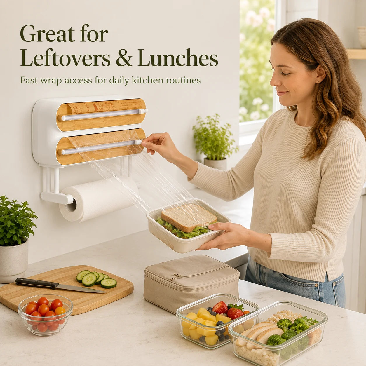 Magnetic Plastic Wrap Dispenser with Built-In Sliding Cutter