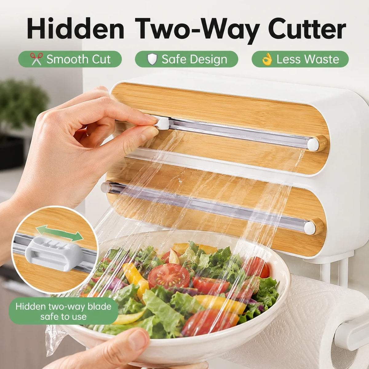 Magnetic Plastic Wrap Dispenser with Built-In Sliding Cutter