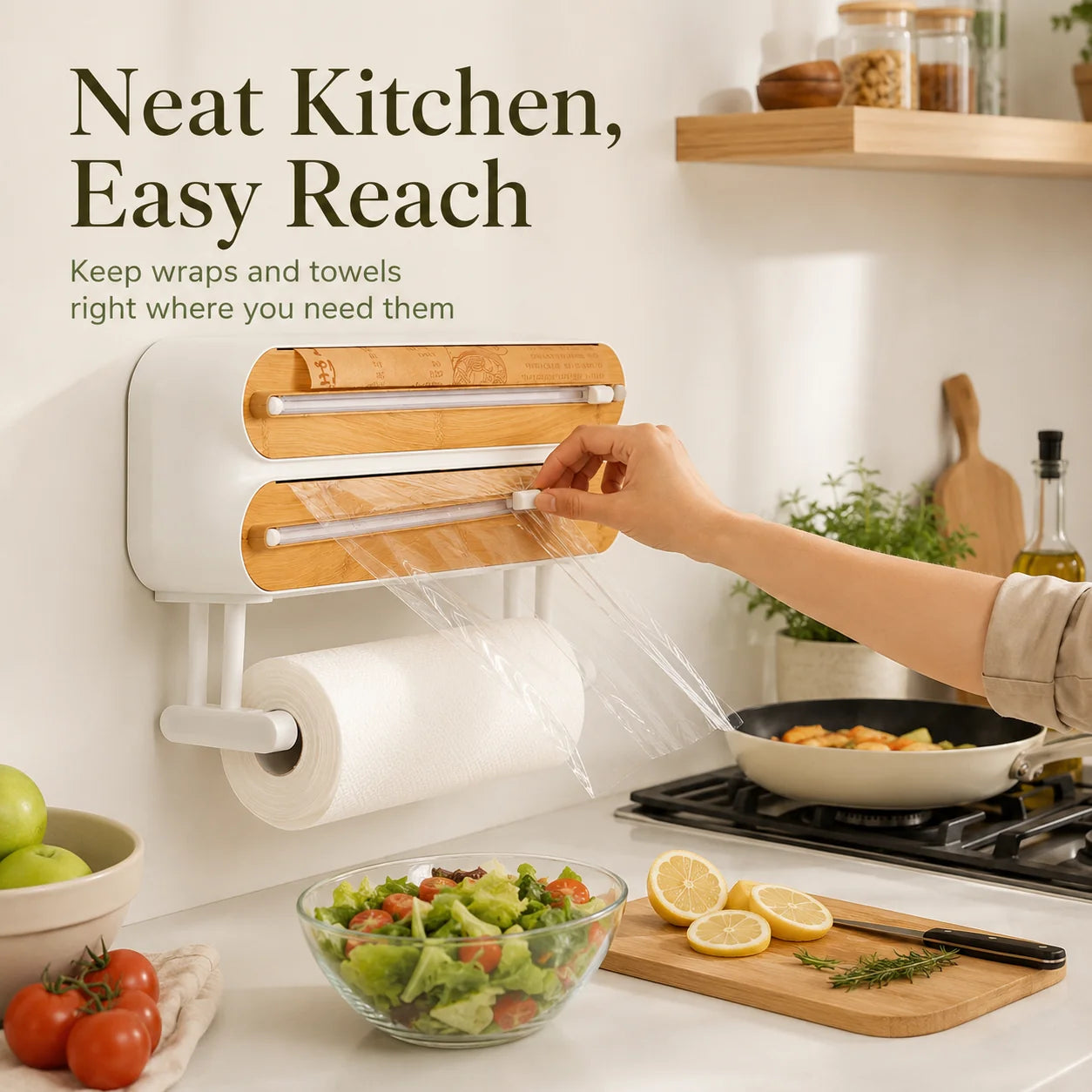 Magnetic Plastic Wrap Dispenser with Built-In Sliding Cutter
