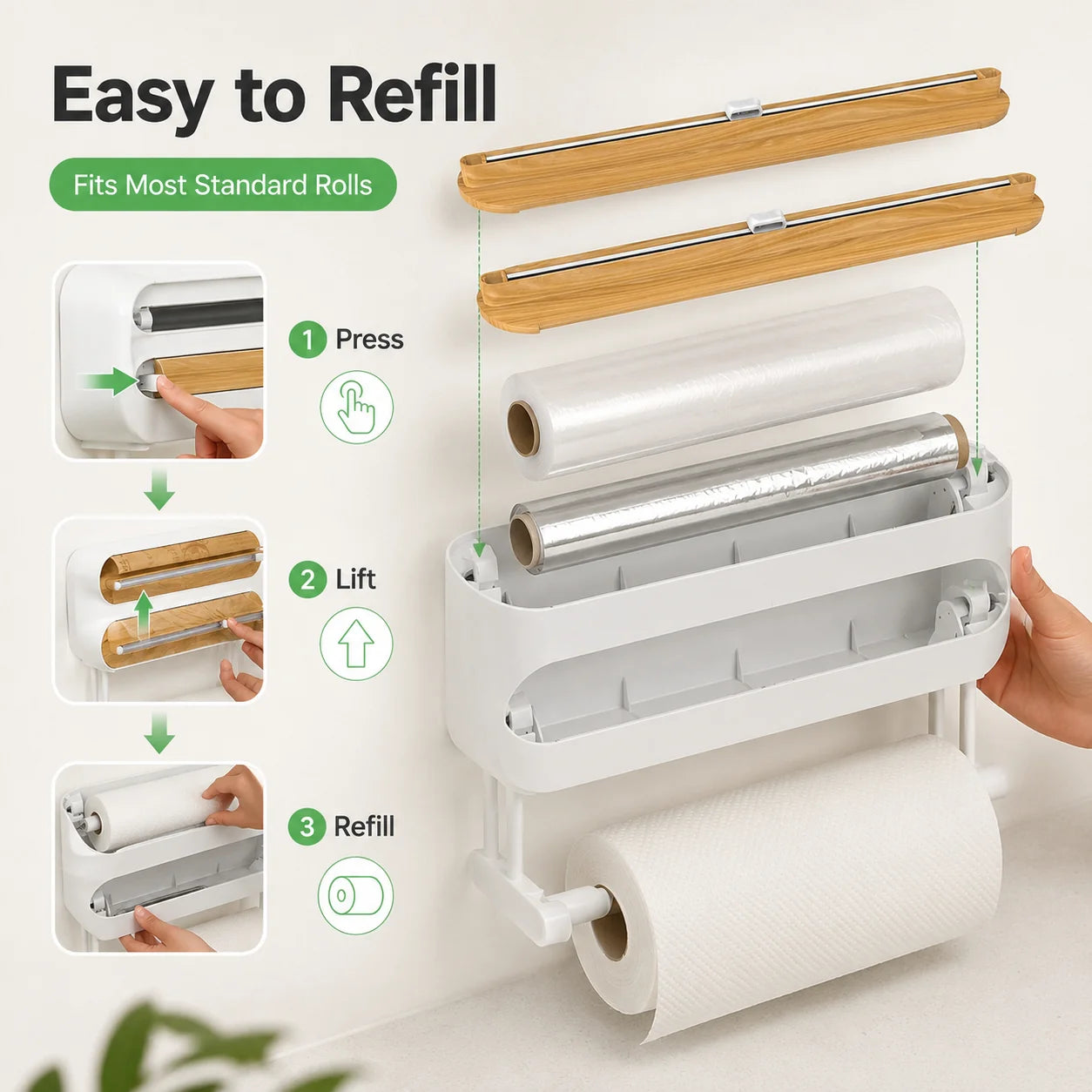 Magnetic Plastic Wrap Dispenser with Built-In Sliding Cutter