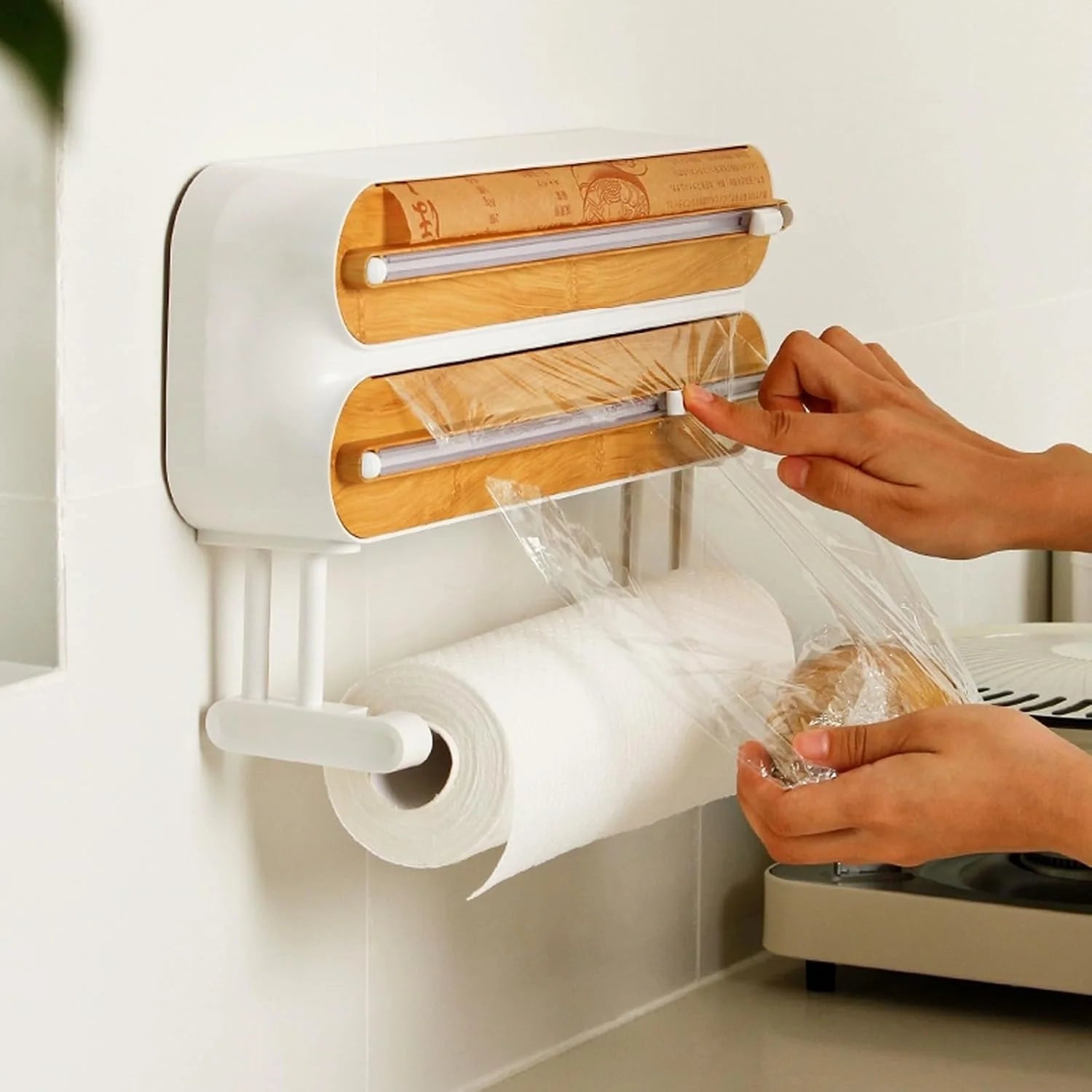Magnetic Plastic Wrap Dispenser with Built-In Sliding Cutter