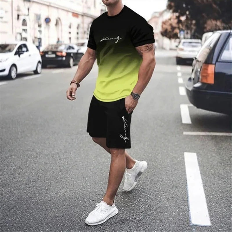 Men's Gradient Short-Sleeve Athletic T-Shirt and Shorts Set