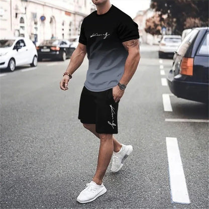 Men's Gradient Short-Sleeve Athletic T-Shirt and Shorts Set