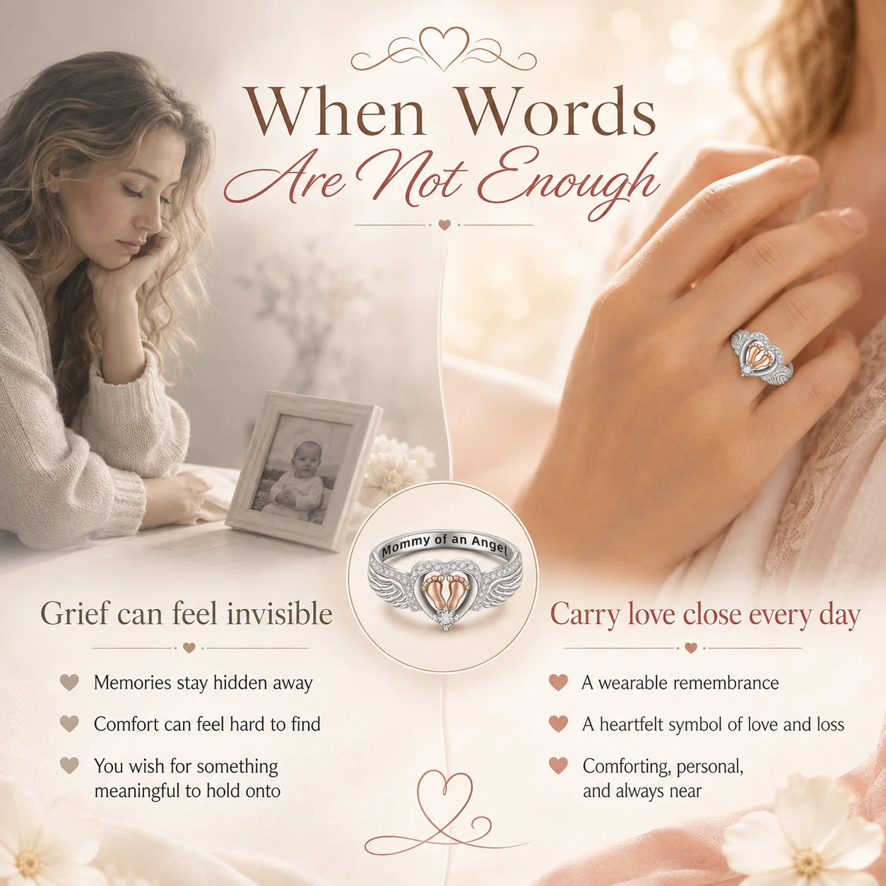 Distinctive Mommy of an Angel Ring – Angel Wings & Baby Footprints