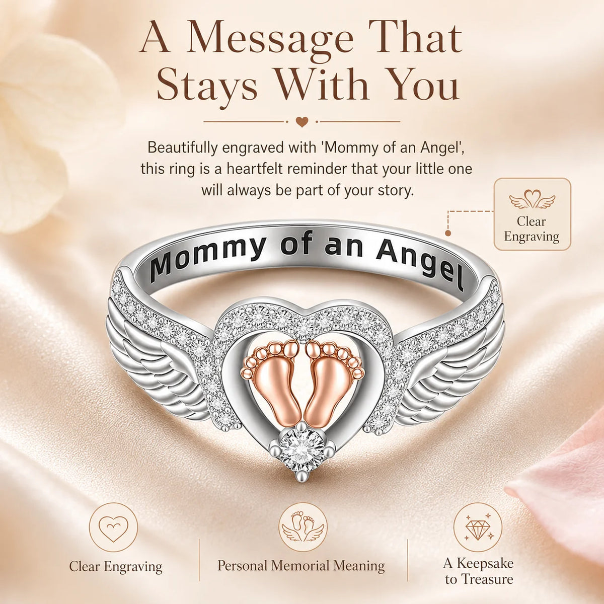 Distinctive Mommy of an Angel Ring – Angel Wings & Baby Footprints
