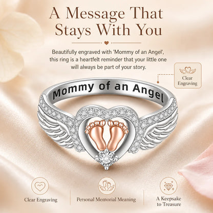 Distinctive Mommy of an Angel Ring – Angel Wings & Baby Footprints
