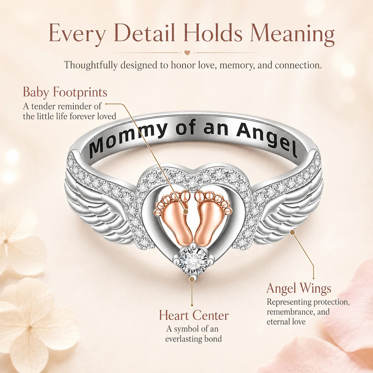 Distinctive Mommy of an Angel Ring – Angel Wings & Baby Footprints