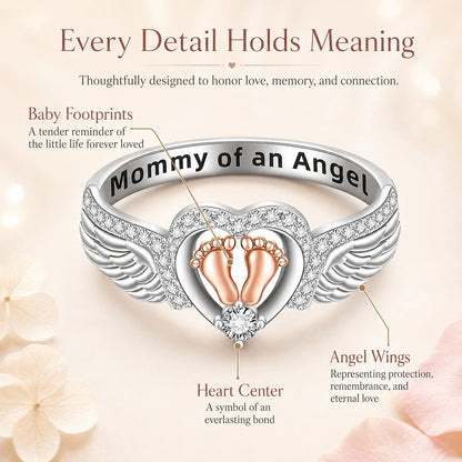 Distinctive Mommy of an Angel Ring – Angel Wings & Baby Footprints