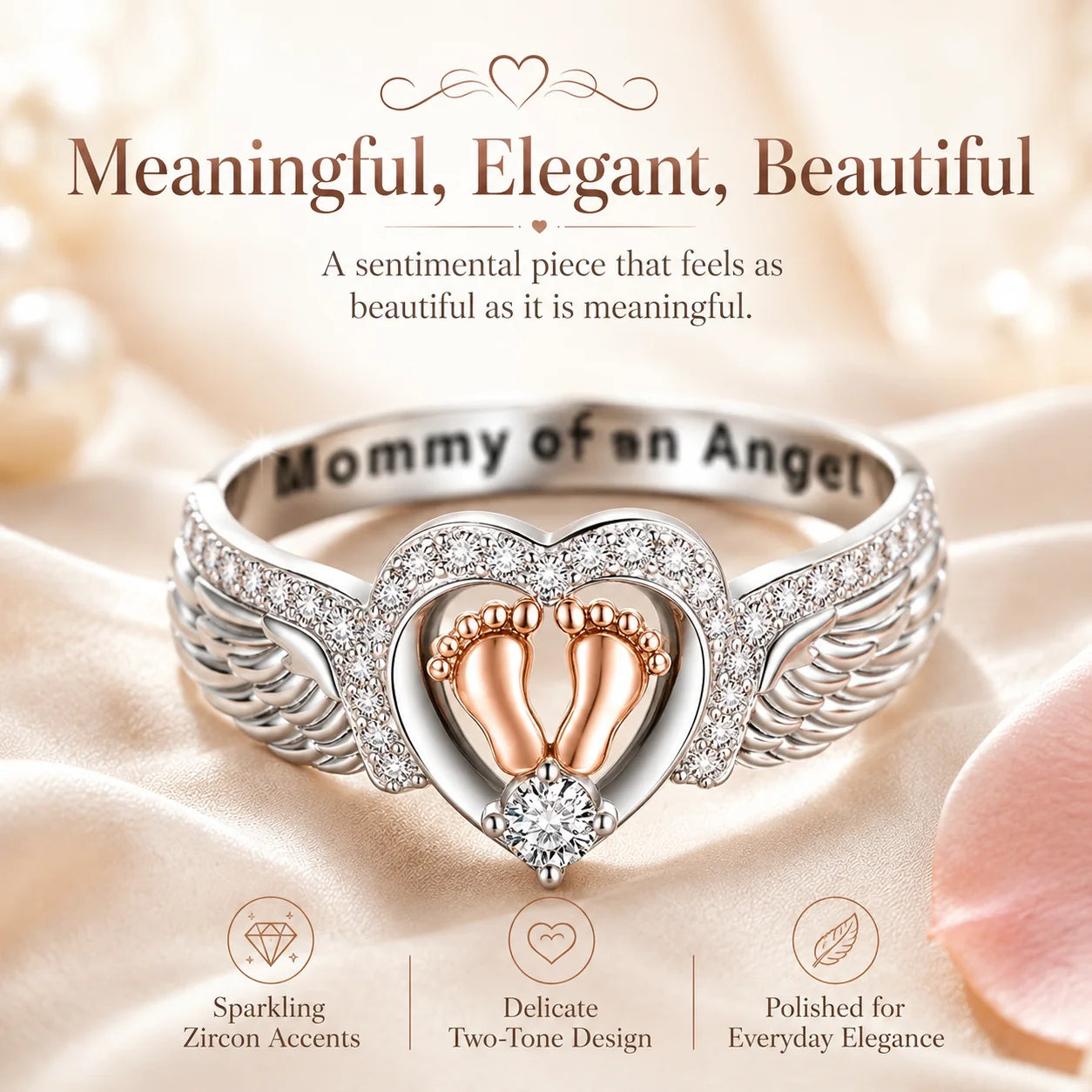 Distinctive Mommy of an Angel Ring – Angel Wings & Baby Footprints