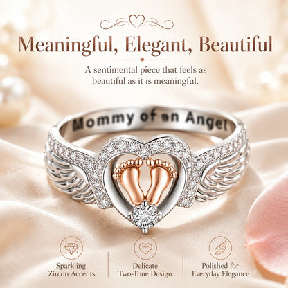 Distinctive Mommy of an Angel Ring – Angel Wings & Baby Footprints