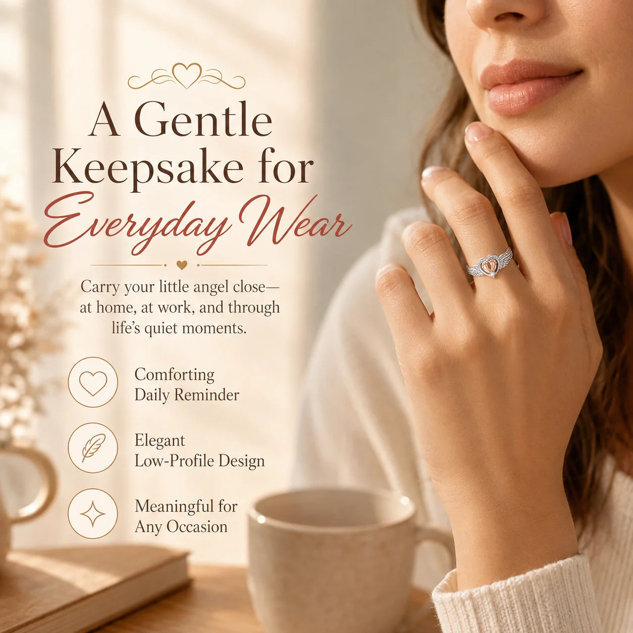 Distinctive Mommy of an Angel Ring – Angel Wings & Baby Footprints