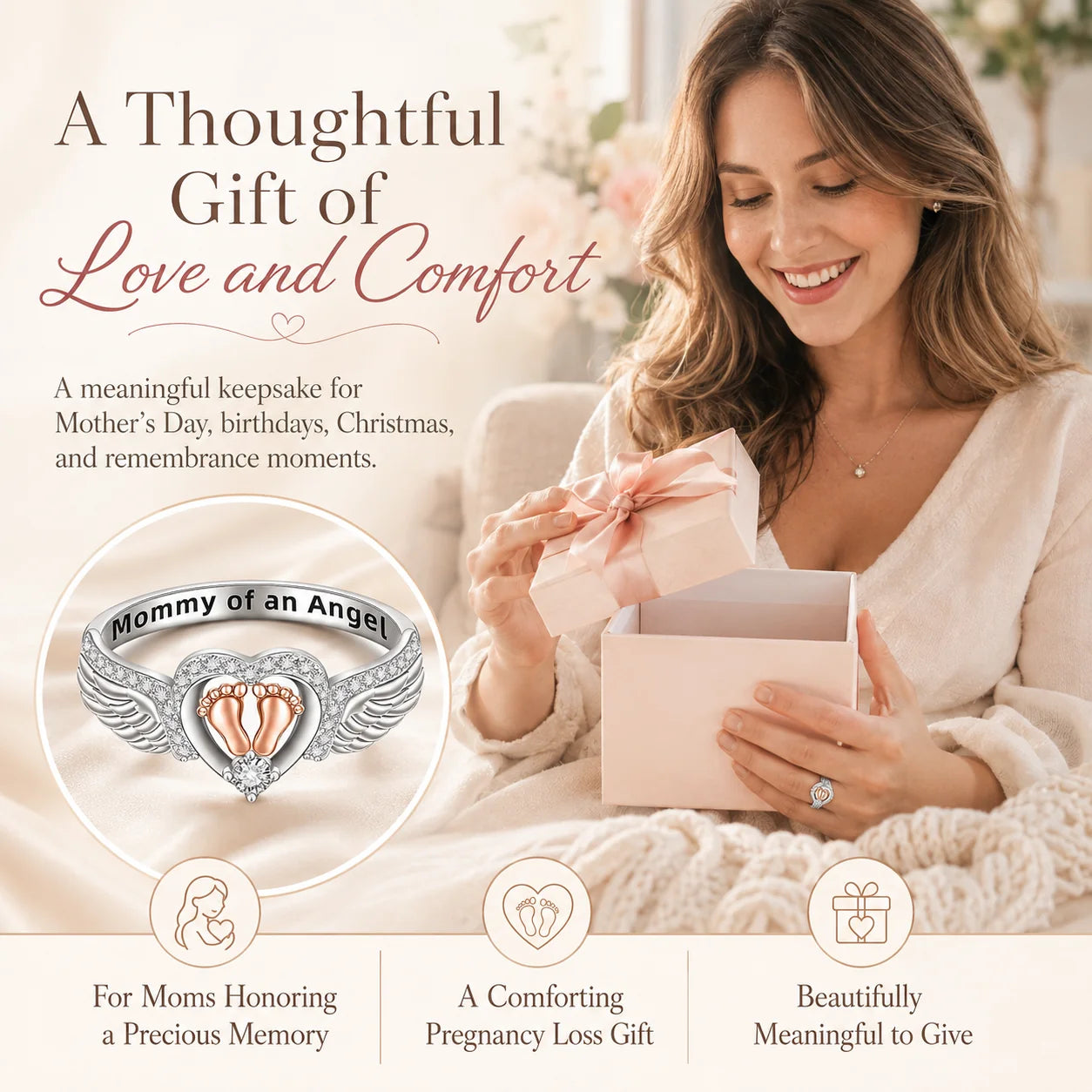Distinctive Mommy of an Angel Ring – Angel Wings & Baby Footprints