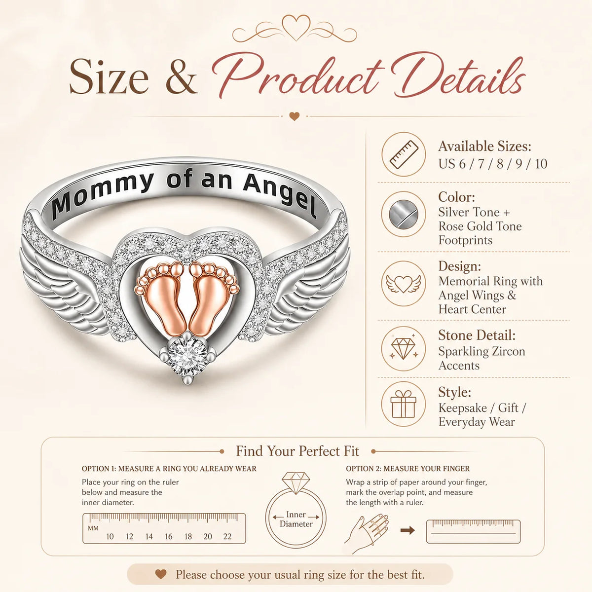 Distinctive Mommy of an Angel Ring – Angel Wings & Baby Footprints