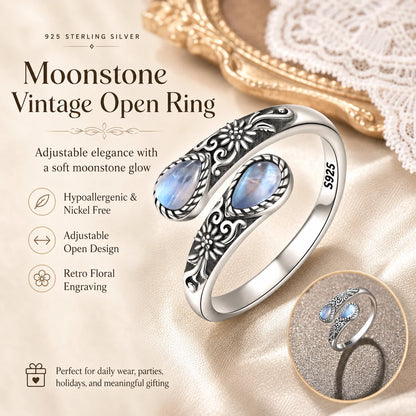 Adjustable Vintage Floral Ring with Moonstone Bloom