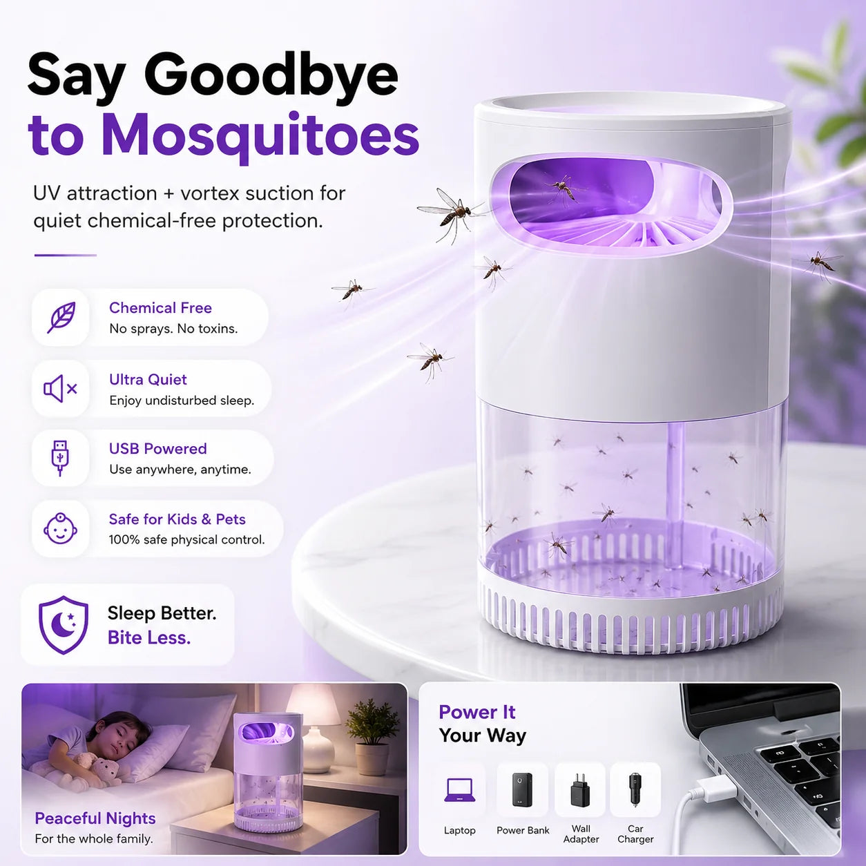 Quiet USB UV Mosquito Trap with Chemical-Free Vortex Fan