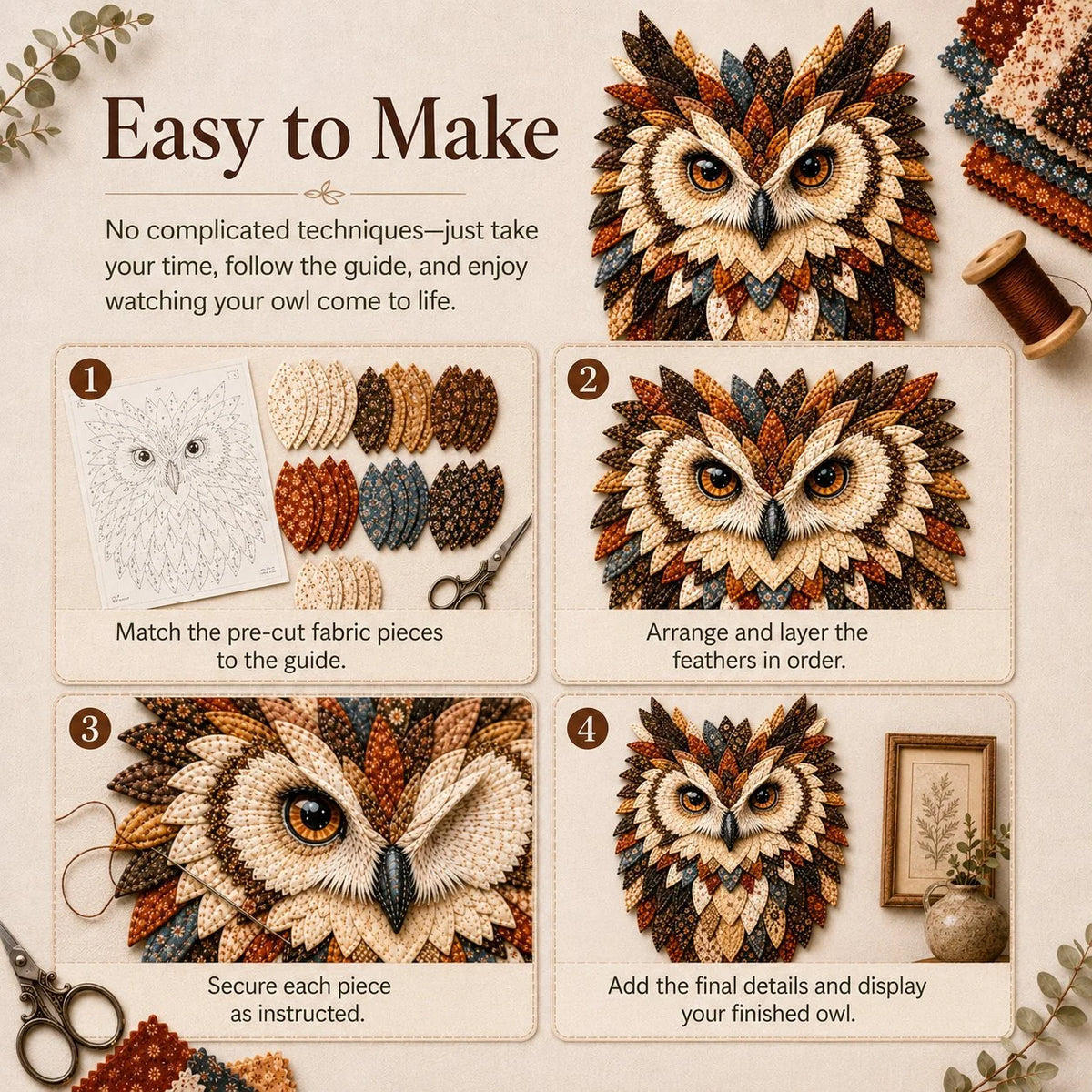 Hands-On Layered Fabric Owl Wall Art DIY Kit – Relaxing Craft