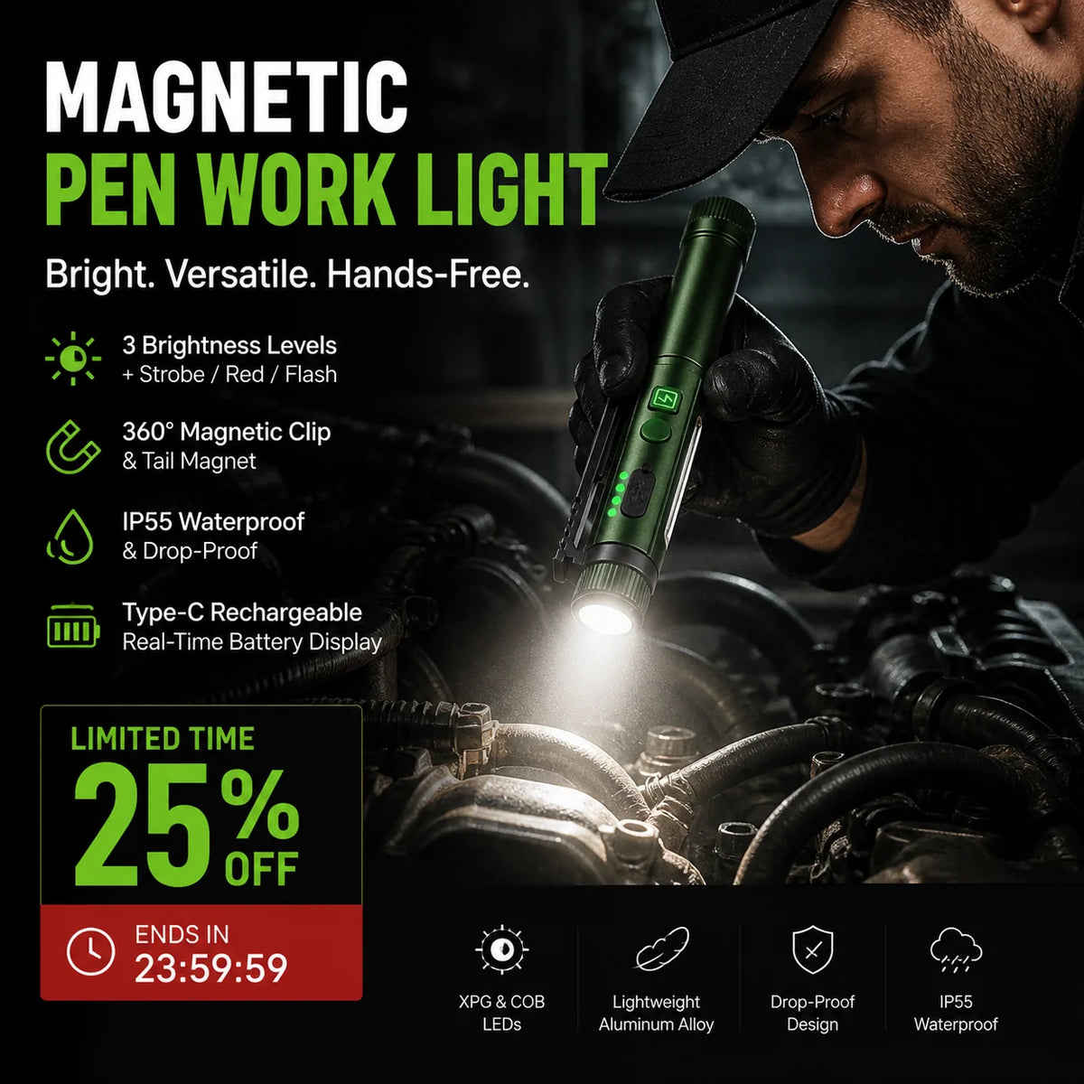 Pen-Shaped Magnetic LED Work Light with Rotating Head