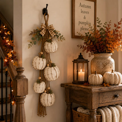 Rustic White 5-Pumpkin Hanging Swag for Fall Door and Wall Decor