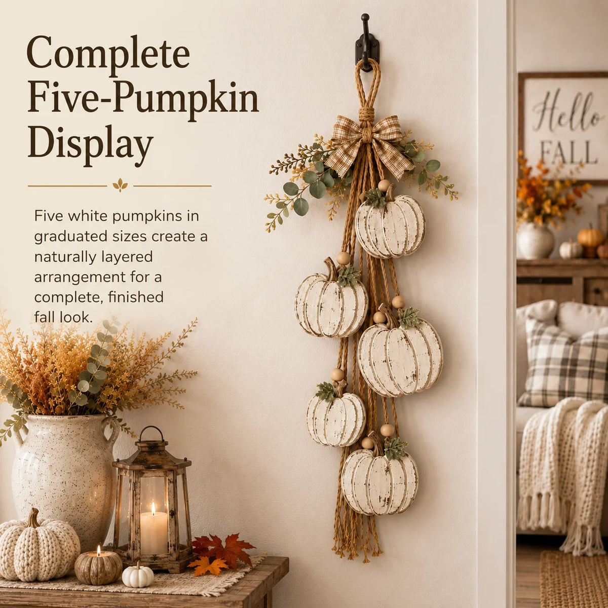 Rustic White 5-Pumpkin Hanging Swag for Fall Door and Wall Decor
