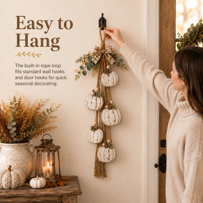 Rustic White 5-Pumpkin Hanging Swag for Fall Door and Wall Decor