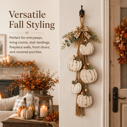 Rustic White 5-Pumpkin Hanging Swag for Fall Door and Wall Decor