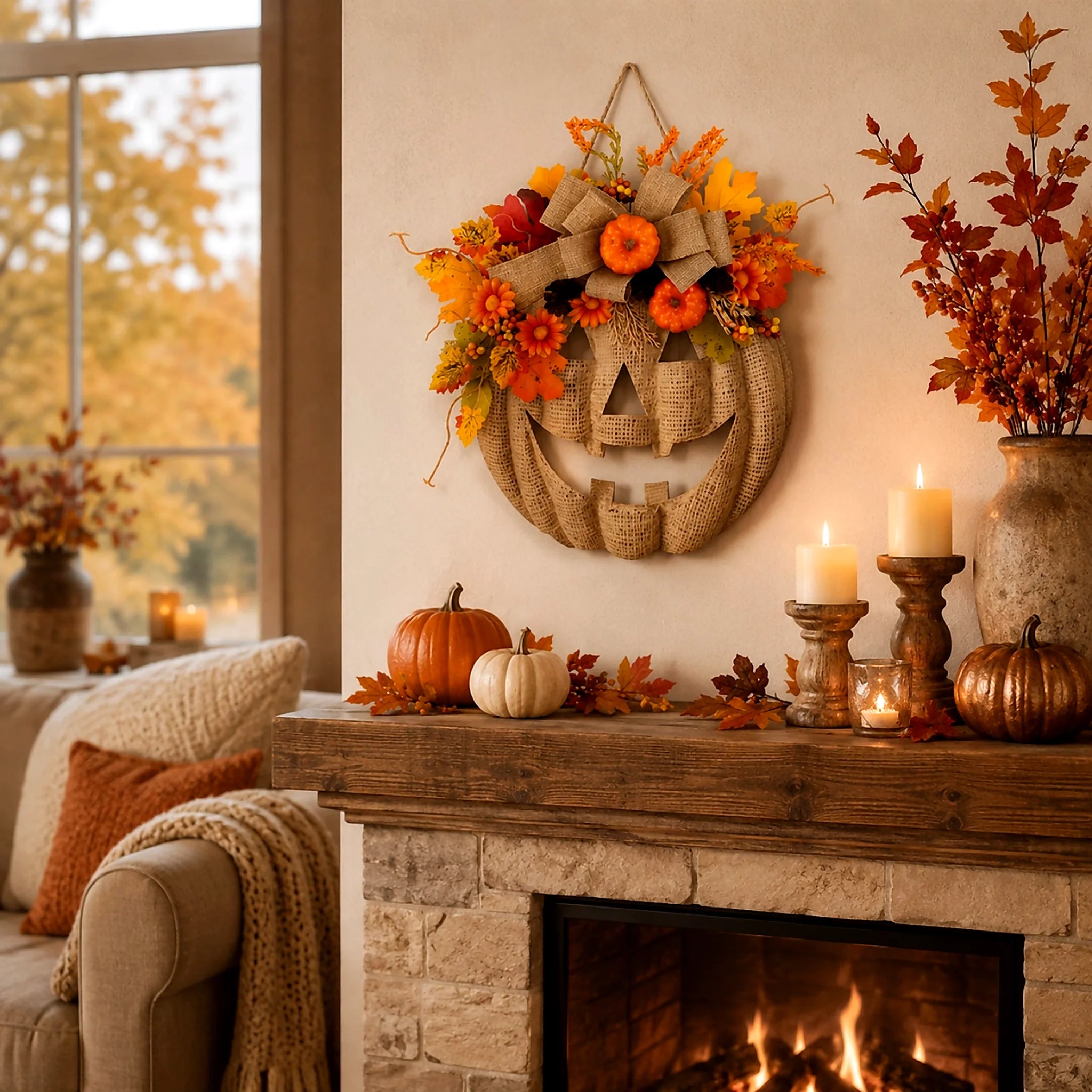Decorative Lighted Burlap Pumpkin Wreath for Focused Lighting