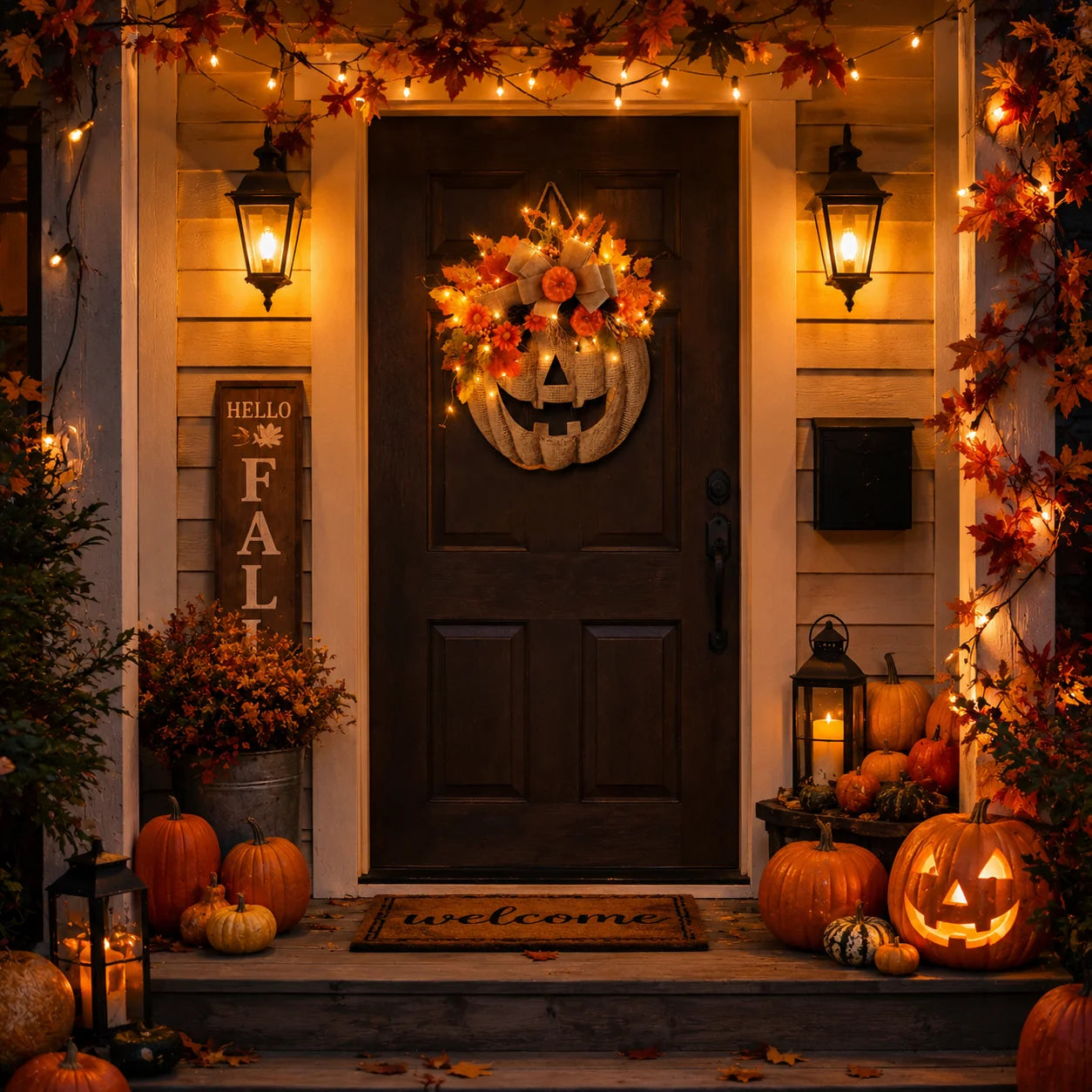 Decorative Lighted Burlap Pumpkin Wreath for Focused Lighting