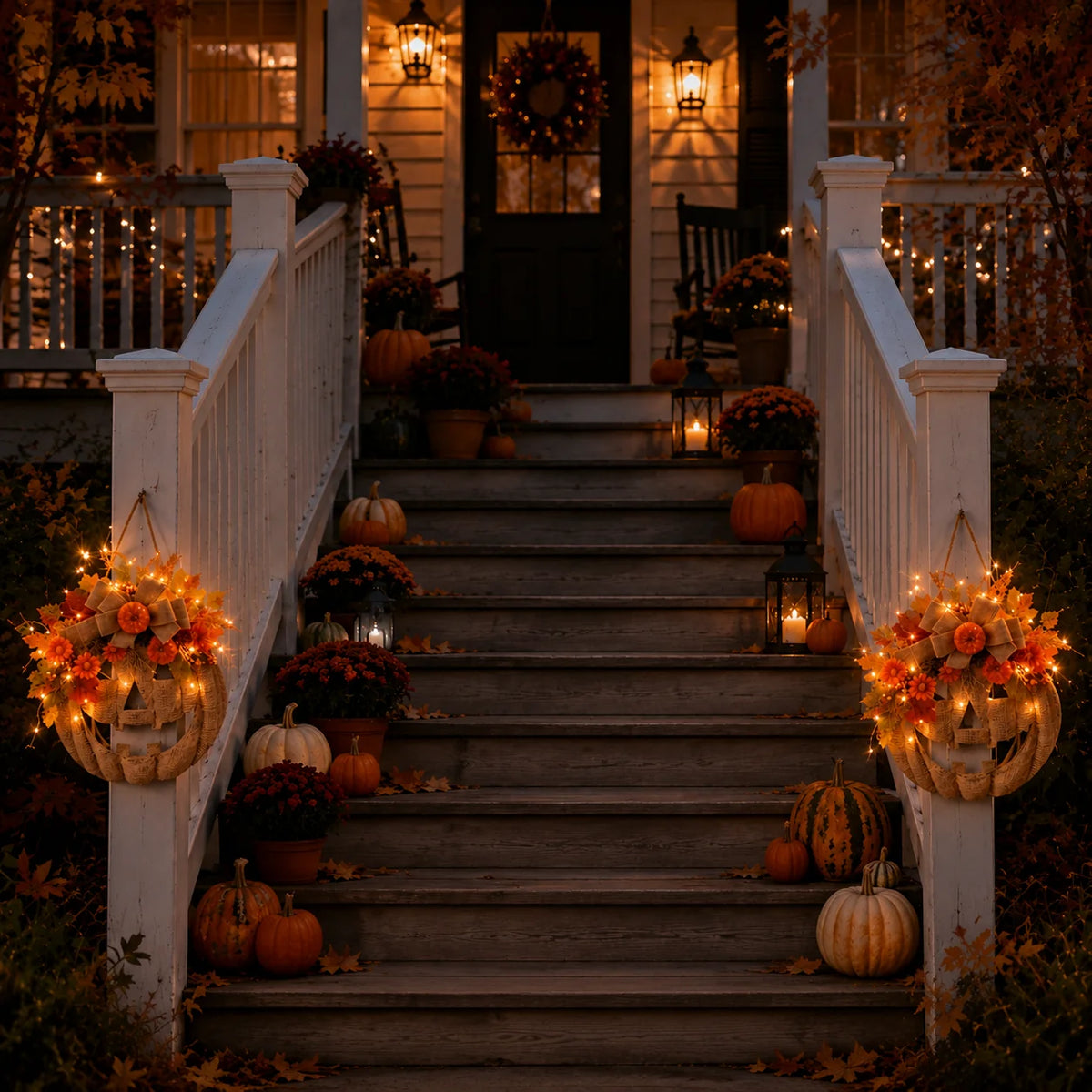 Decorative Lighted Burlap Pumpkin Wreath for Focused Lighting