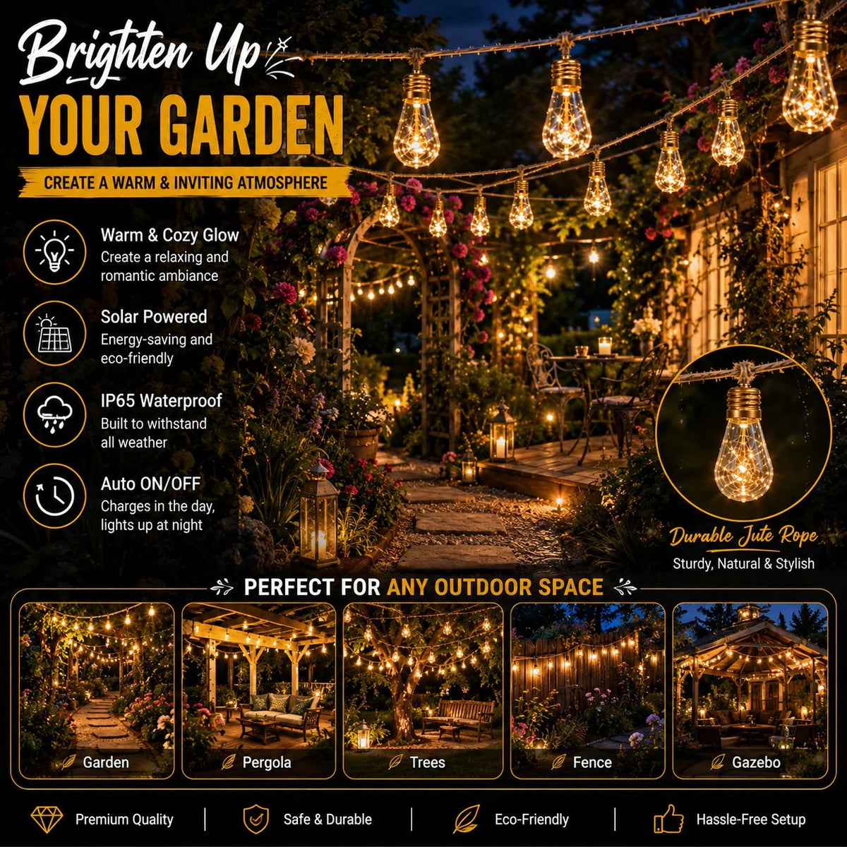 Outdoor-Ready Solar String Lights for Garden Display
