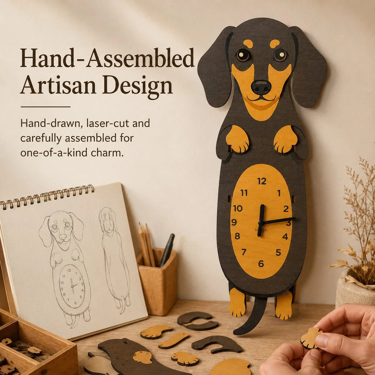 Pet-Friendly Playful Swinging Dog Wooden Wall Clock for Daily Pet Care