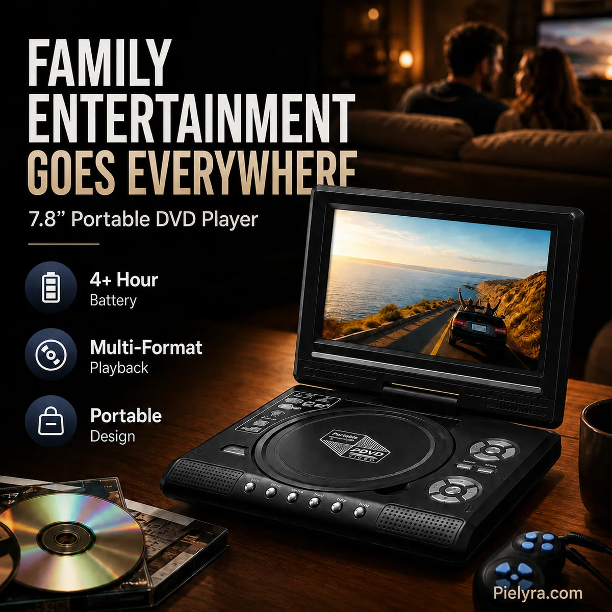 Hands-On 7.8" HD Portable DVD Player – 4+ Hour Rechargeable Battery
