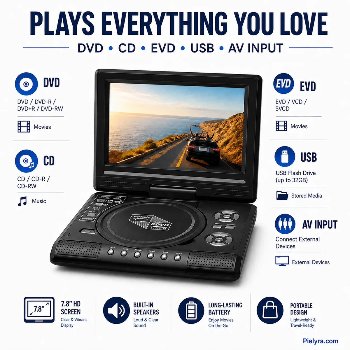 Hands-On 7.8" HD Portable DVD Player – 4+ Hour Rechargeable Battery