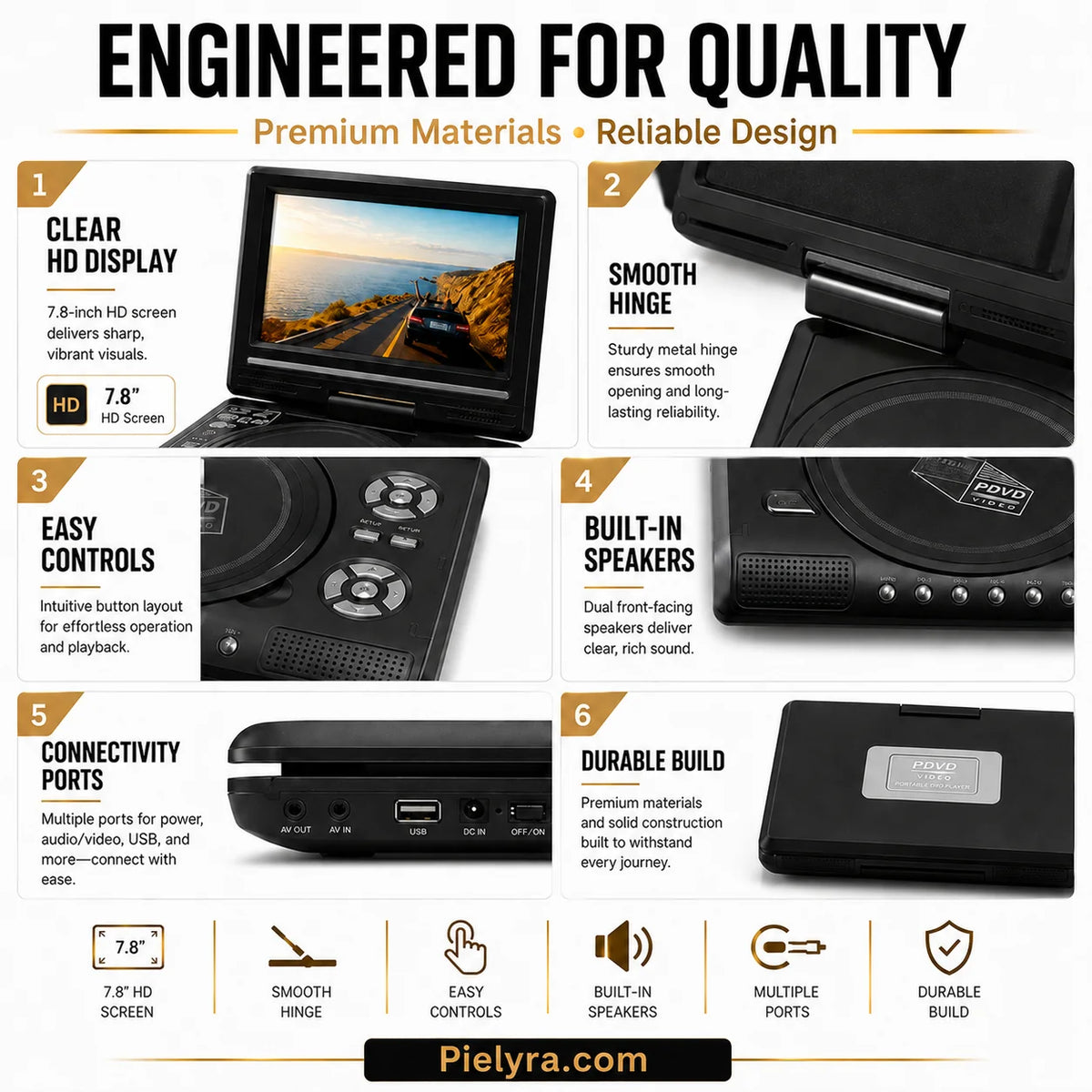 Hands-On 7.8" HD Portable DVD Player – 4+ Hour Rechargeable Battery