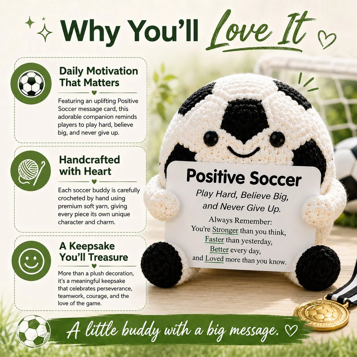 Purpose-Built Positive Soccer Buddy – Handmade Crochet Encouragement