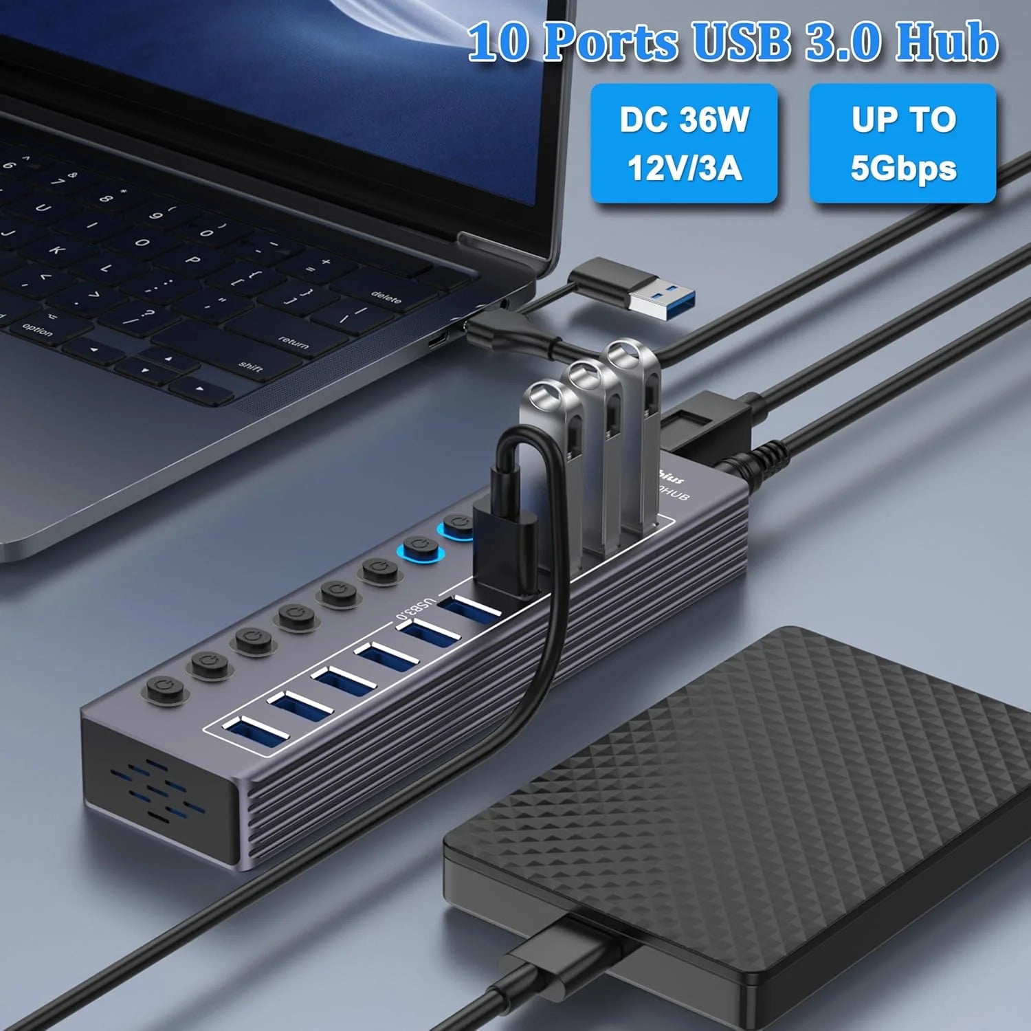 Powered 10-Port USB 3.0 Hub with Individual Switches