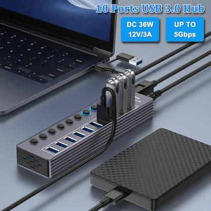 Powered 10-Port USB 3.0 Hub with Individual Switches