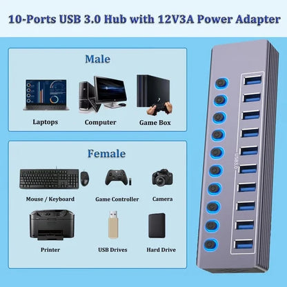 Powered 10-Port USB 3.0 Hub with Individual Switches