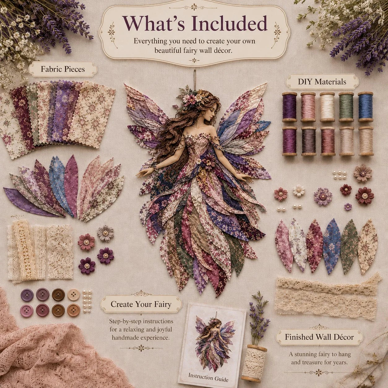 Layered Floral-Wing Fairy Patchwork Set for Handmade Wall Art