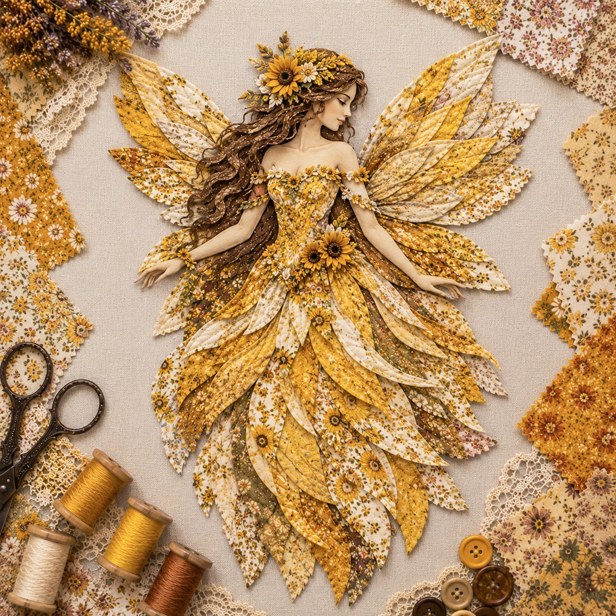 Layered Floral-Wing Fairy Patchwork Set for Handmade Wall Art
