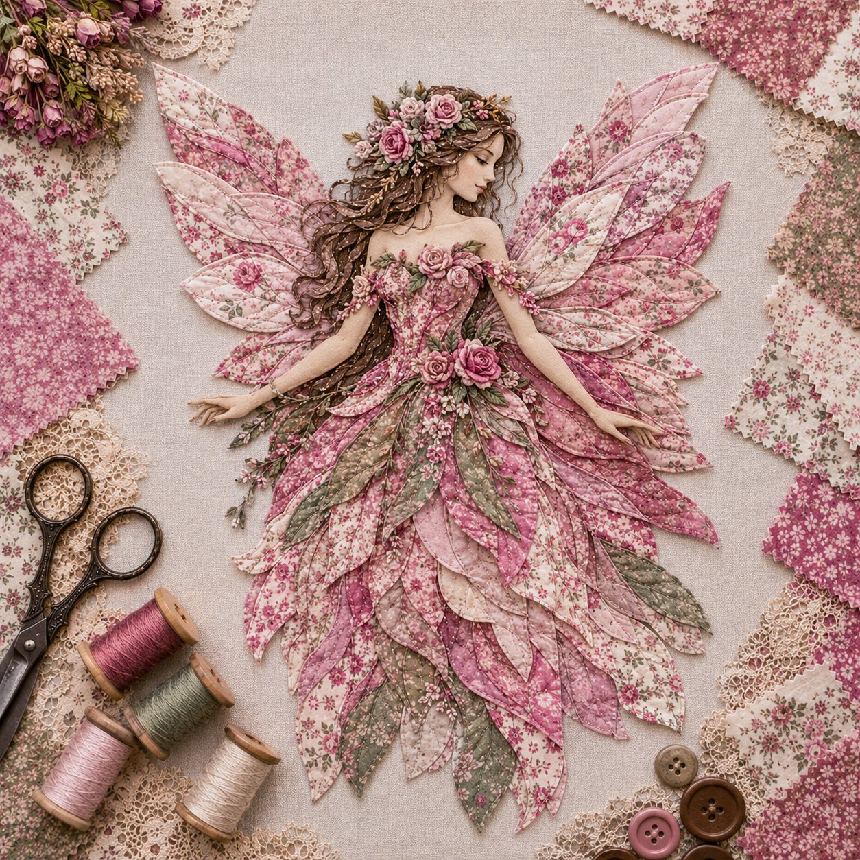 Layered Floral-Wing Fairy Patchwork Set for Handmade Wall Art