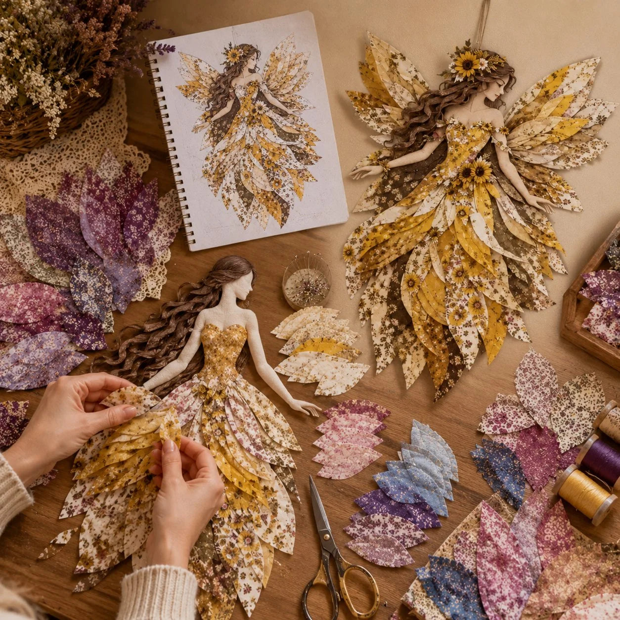 Layered Floral-Wing Fairy Patchwork Set for Handmade Wall Art