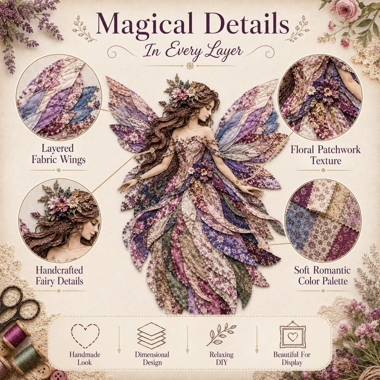 Layered Floral-Wing Fairy Patchwork Set for Handmade Wall Art