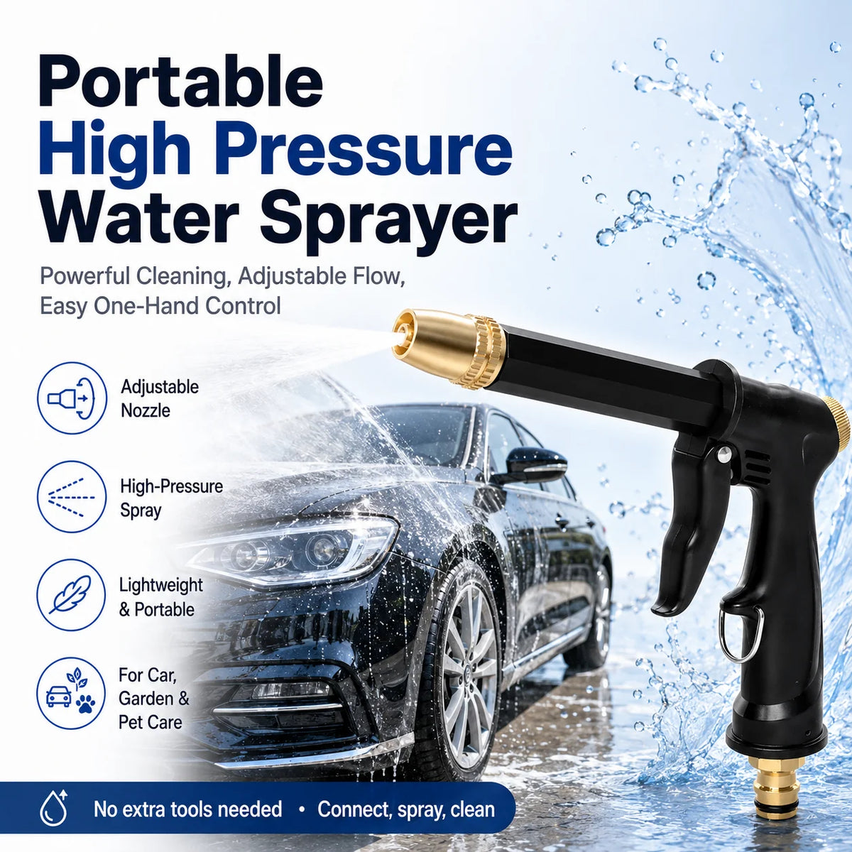 Portable High-Pressure Sprayer with an Adjustable Car and Garden Nozzle