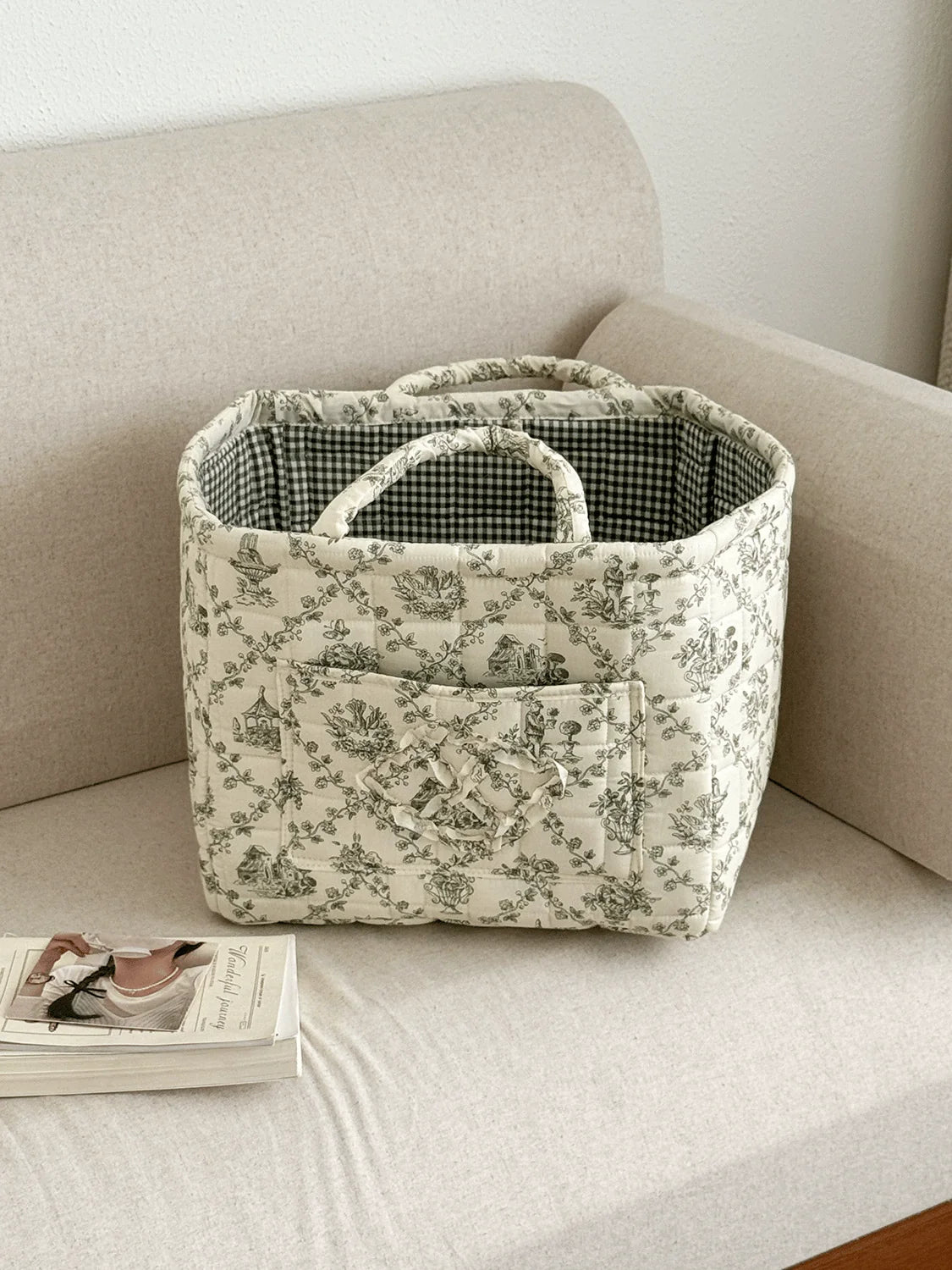 Quilted Carry-All Storage Basket with Handles and Washable Fabric
