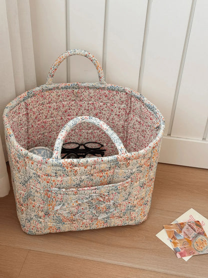 Quilted Carry-All Storage Basket with Handles and Washable Fabric