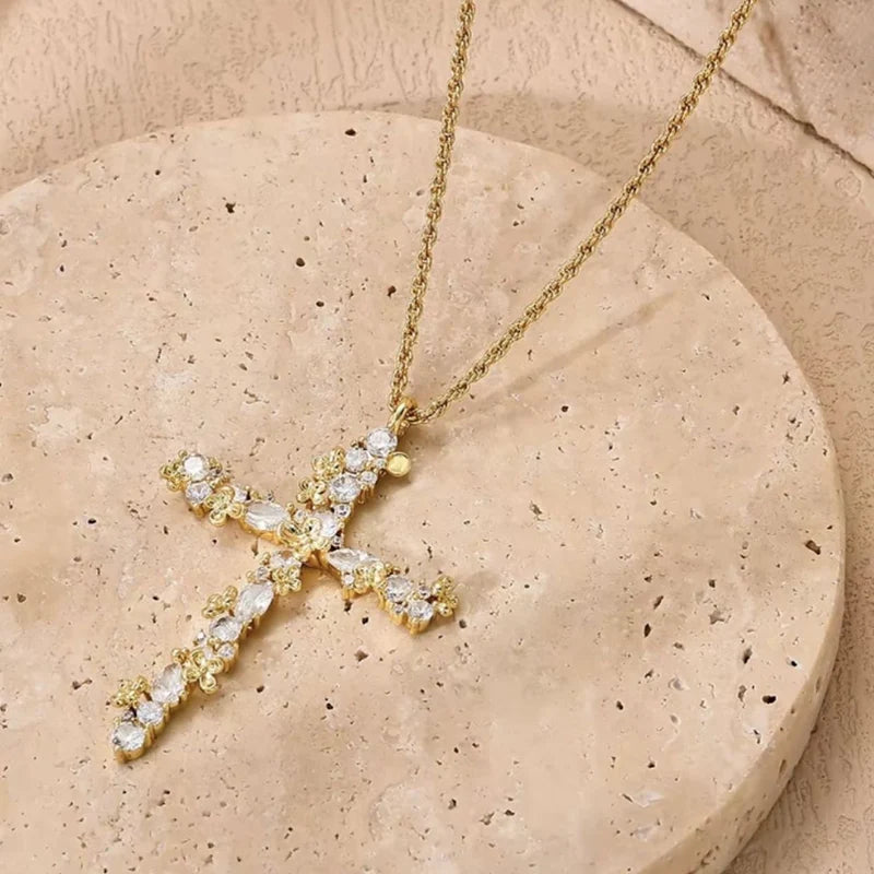 Pet-Friendly Radiant Cross Necklace – Twisted Chain, Petal